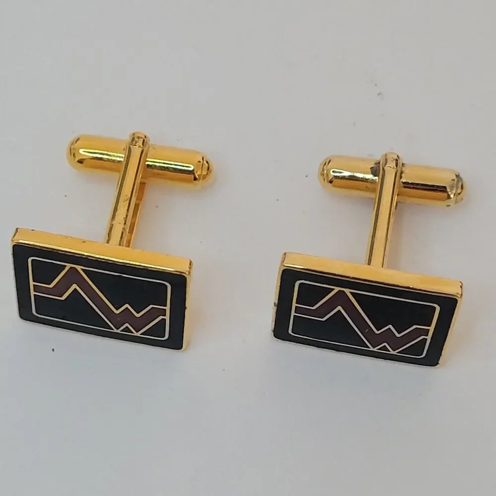 Mario Valentino MV Gold Black Red Tone Rectangle Logo Cufflinks Designer Retro
